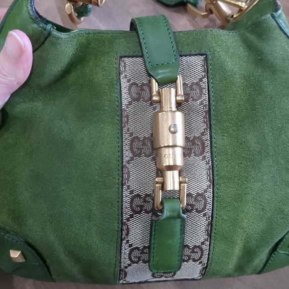 Gucci Olive Suede Shoulder Bag with GG Detail and Gold Hardware VINTAGE JACKIE - Picture 8 of 16